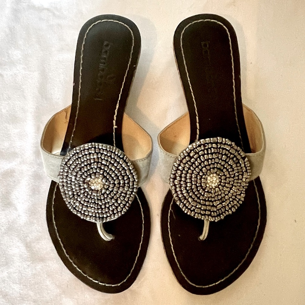 Bamboo84 Silver Beaded Wedge Sandals